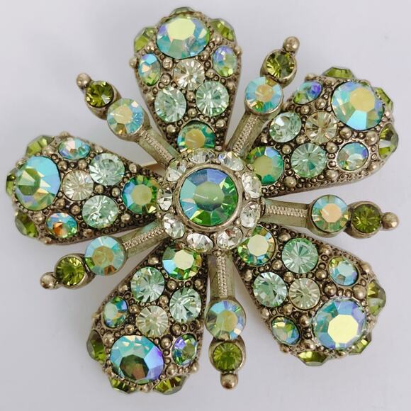 VTG Signed Joan Rivers Green Aurora Borealis Flower Brooch Gold Tone Sparkling - Picture 11 of 14